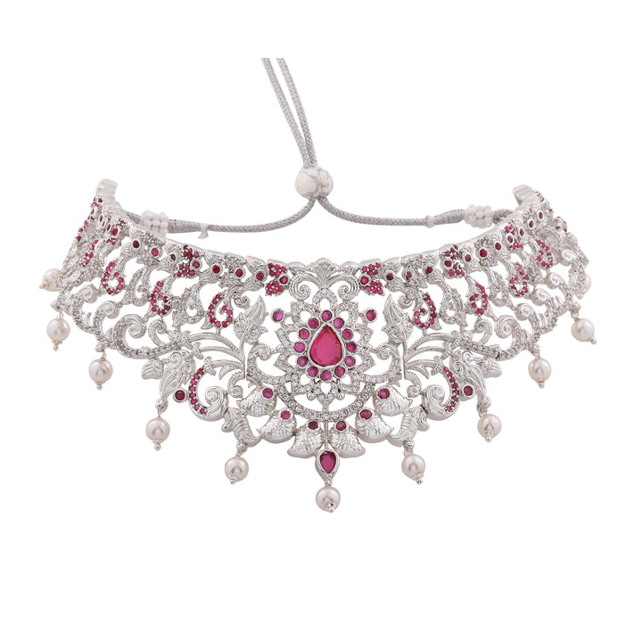 Estele Rhodium Plated CZ Magnificent Bridal Necklace Set with Red Stones & Pearls for Women