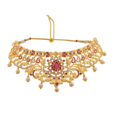 Estele Gold Plated CZ Magnificent Bridal Choker Necklace Set with Colored Stones & Pearls for Women