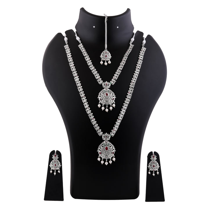 Estele Rhodium Plated CZ Enchanting Bridal Combo Necklace Set with Pearl & Multi Color Stones for Women