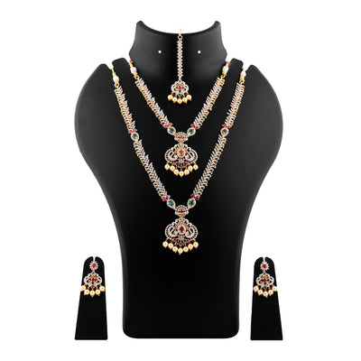 Estele Gold plated CZ Traditional Long Bridal Combo Necklace set with color stones & pearls for Women