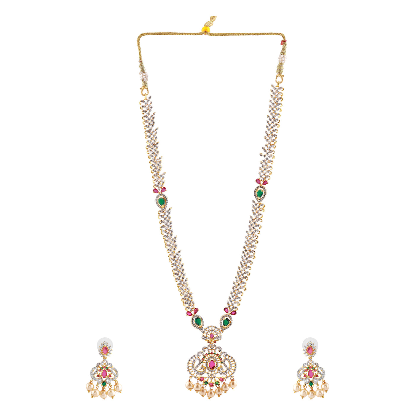 Estele Gold plated CZ Traditional Long Bridal Combo Necklace set with color stones & pearls for Women