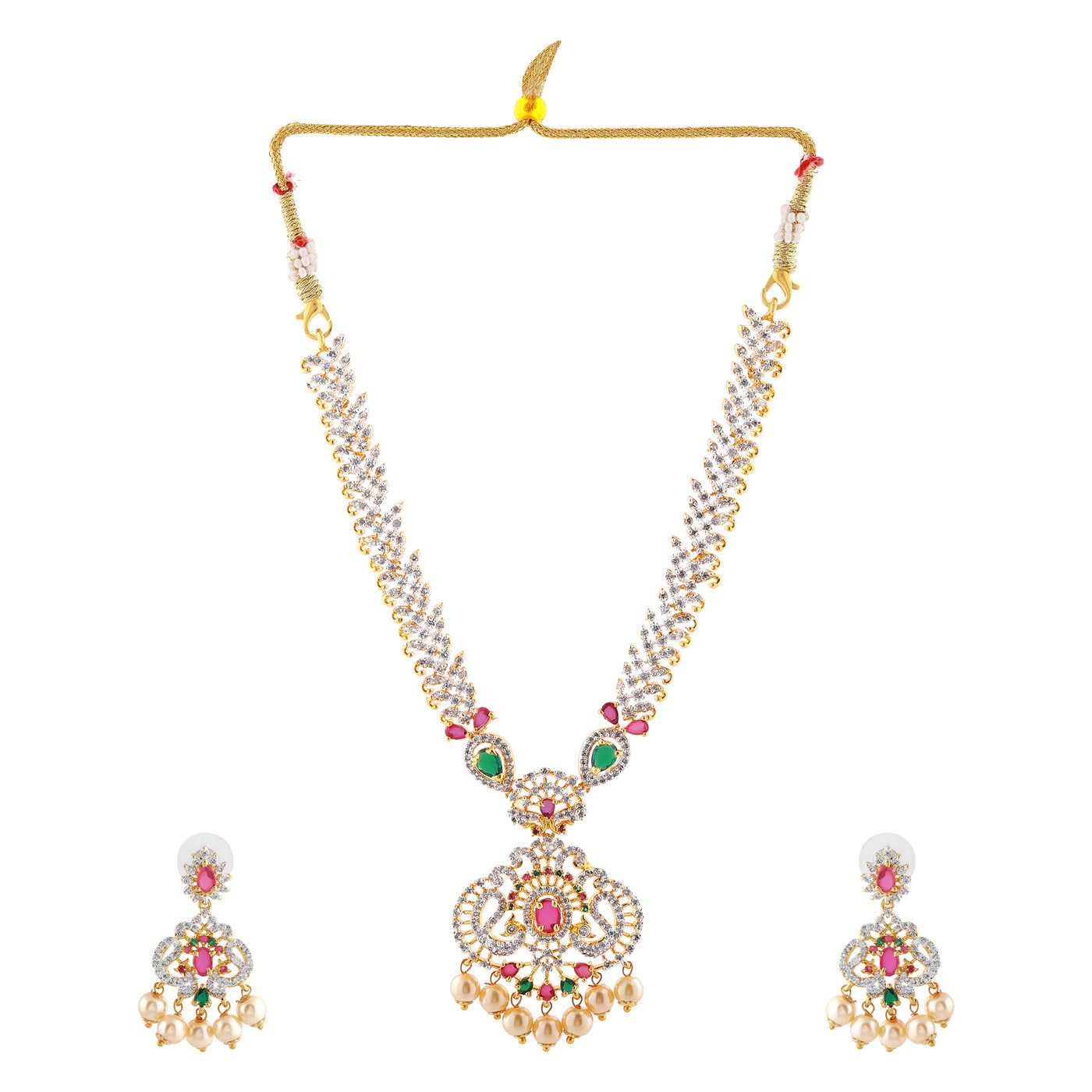 Estele Gold plated CZ Traditional Long Bridal Combo Necklace set with color stones & pearls for Women