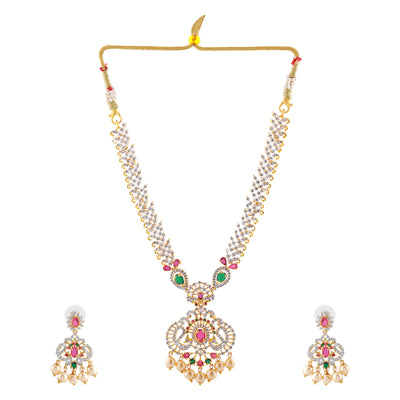 Estele Gold plated CZ Traditional Long Bridal Combo Necklace set with color stones & pearls for Women