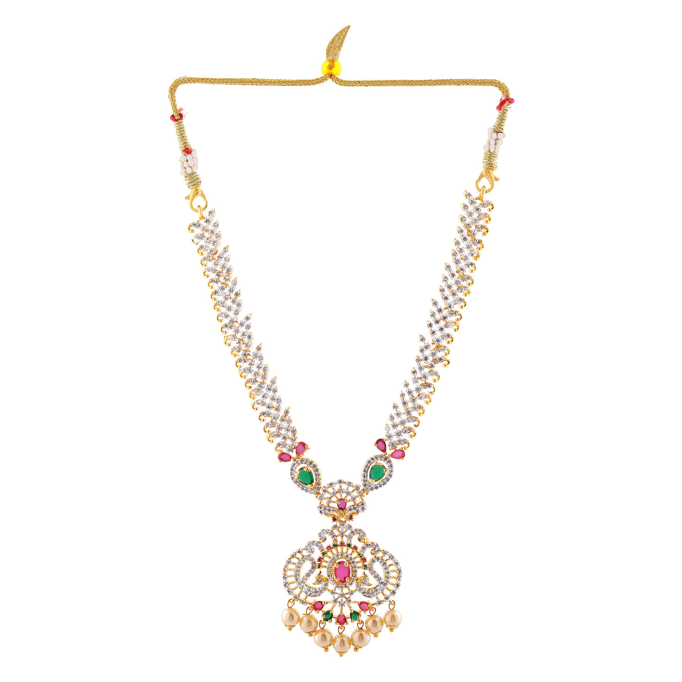 Estele Gold plated CZ Traditional Long Bridal Combo Necklace set with color stones & pearls for Women