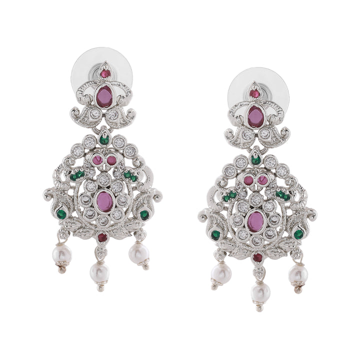 Estele Rhodium Plated CZ Enchanting Bridal Combo Necklace Set with Pearl & Multi Color Stones for Women