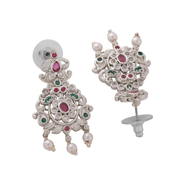 Estele Rhodium Plated CZ Enchanting Bridal Combo Necklace Set with Pearl & Multi Color Stones for Women