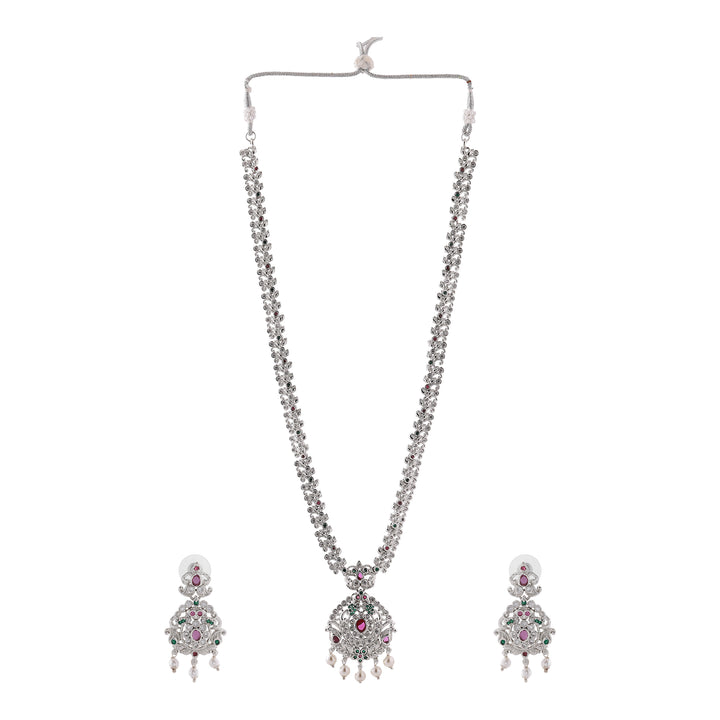 Estele Rhodium Plated CZ Enchanting Bridal Combo Necklace Set with Pearl & Multi Color Stones for Women