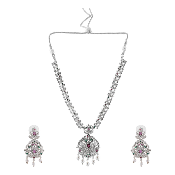 Estele Rhodium Plated CZ Enchanting Bridal Combo Necklace Set with Pearl & Multi Color Stones for Women