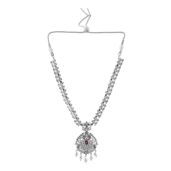 Estele Rhodium Plated CZ Enchanting Bridal Combo Necklace Set with Pearl & Multi Color Stones for Women