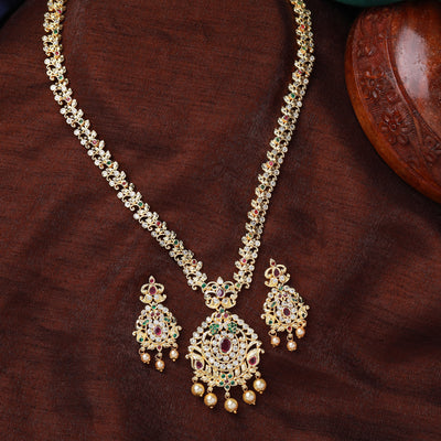 Estele Gold Plated CZ Designer Bridal Long Necklace set with Pearls & Colored Stones for Women