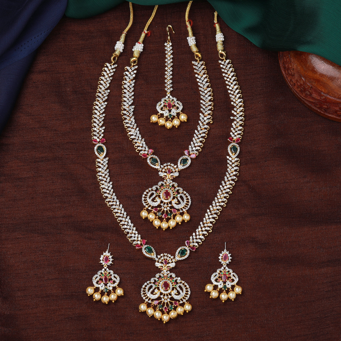 Estele Gold plated CZ Traditional Long Bridal Combo Necklace set with color stones & pearls for Women