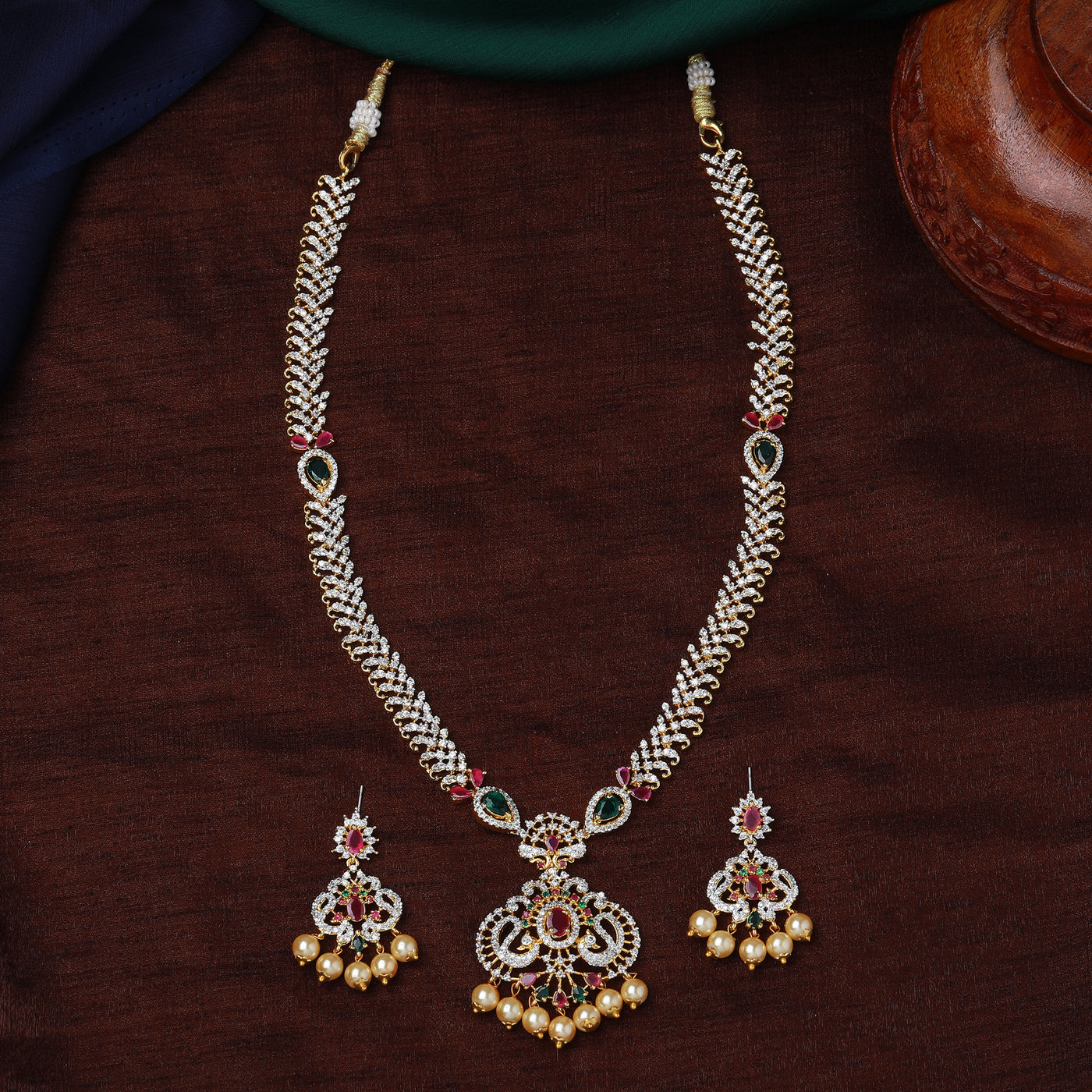 Estele Gold plated CZ Traditional Long Bridal Combo Necklace set with color stones & pearls for Women