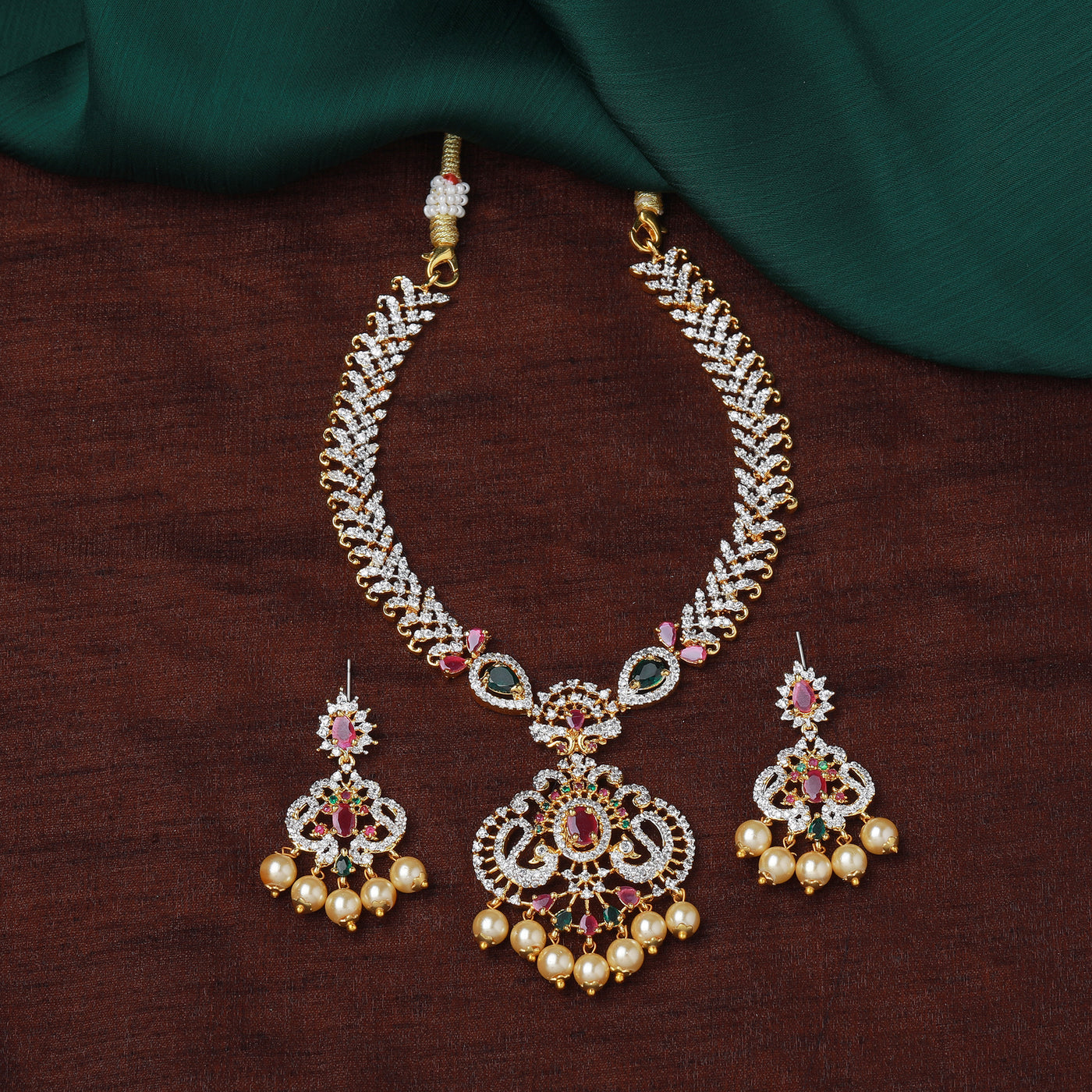 Estele Gold plated CZ Traditional Long Bridal Combo Necklace set with color stones & pearls for Women