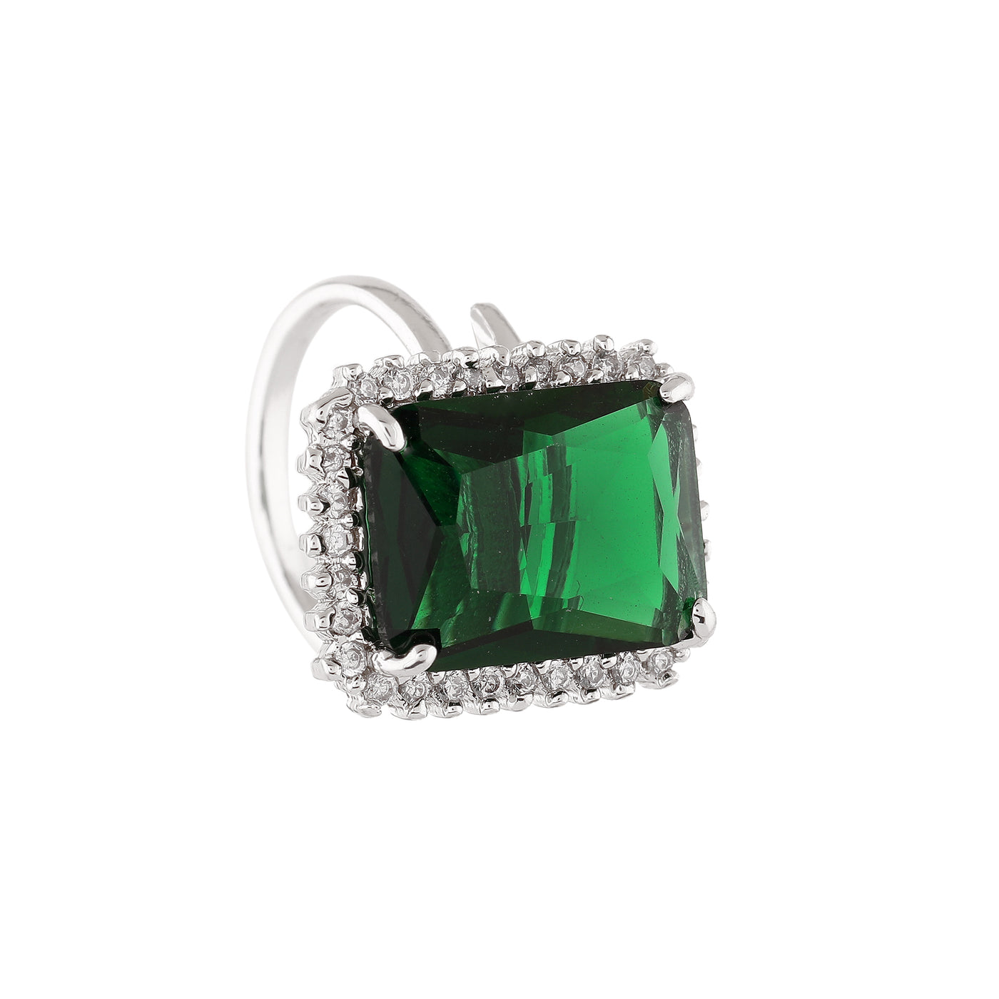 Estele Rhodium Plated CZ Radiant Adjustable Emerald/ Green Finger Ring for Women