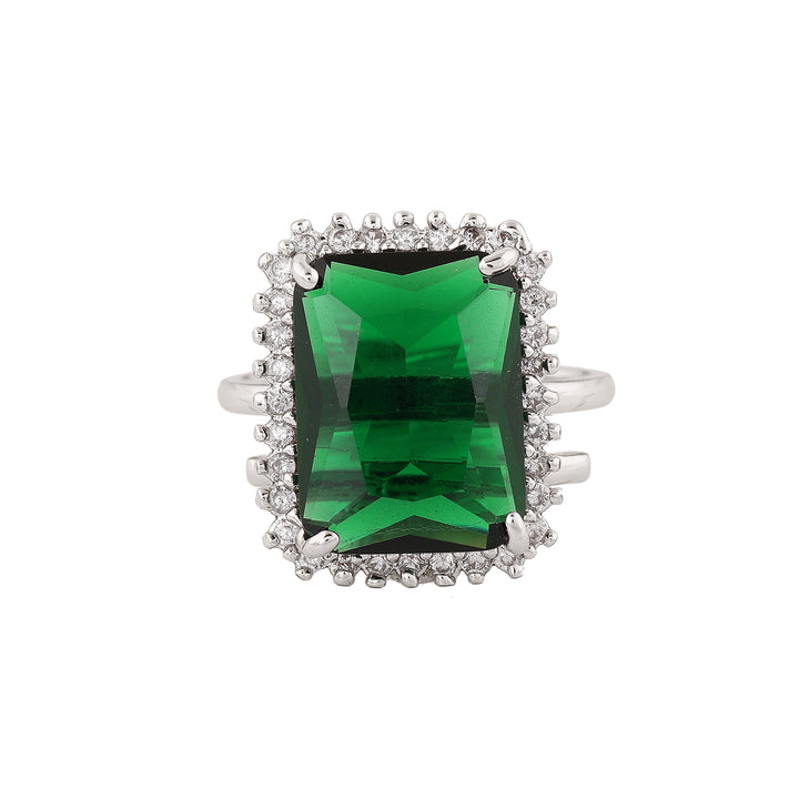 Estele Rhodium Plated CZ Radiant Adjustable Emerald/ Green Finger Ring for Women