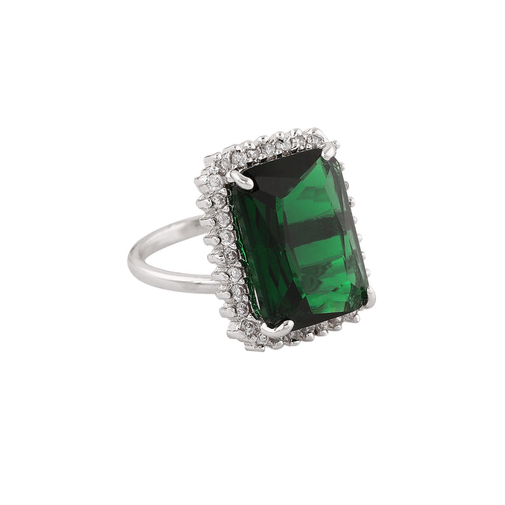 Estele Rhodium Plated CZ Radiant Adjustable Emerald/ Green Finger Ring for Women