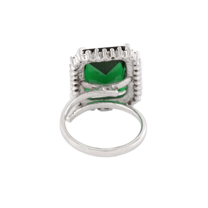 Estele Rhodium Plated CZ Radiant Adjustable Emerald/ Green Finger Ring for Women