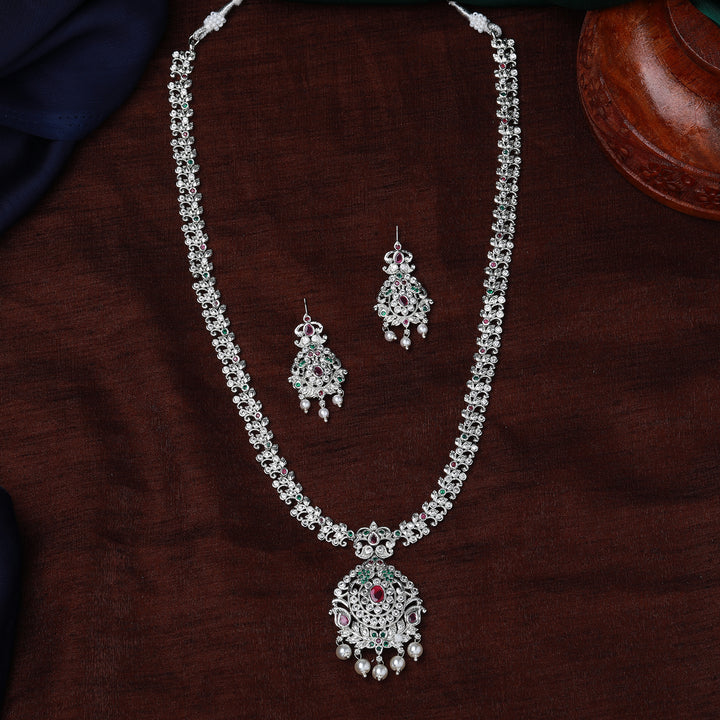 Estele Rhodium Plated CZ Enchanting Bridal Combo Necklace Set with Pearl & Multi Color Stones for Women