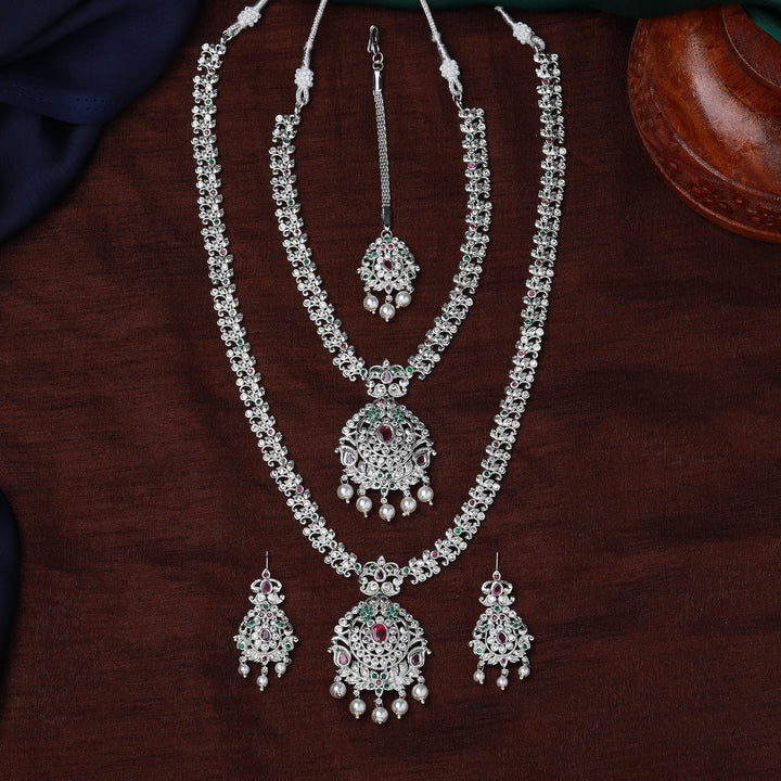 Estele Rhodium Plated CZ Enchanting Bridal Combo Necklace Set with Pearl & Multi Color Stones for Women