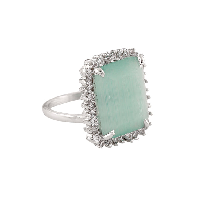 Estele Rhodium Plated CZ Adjustable Glorious Mint Green Finger Ring for Women