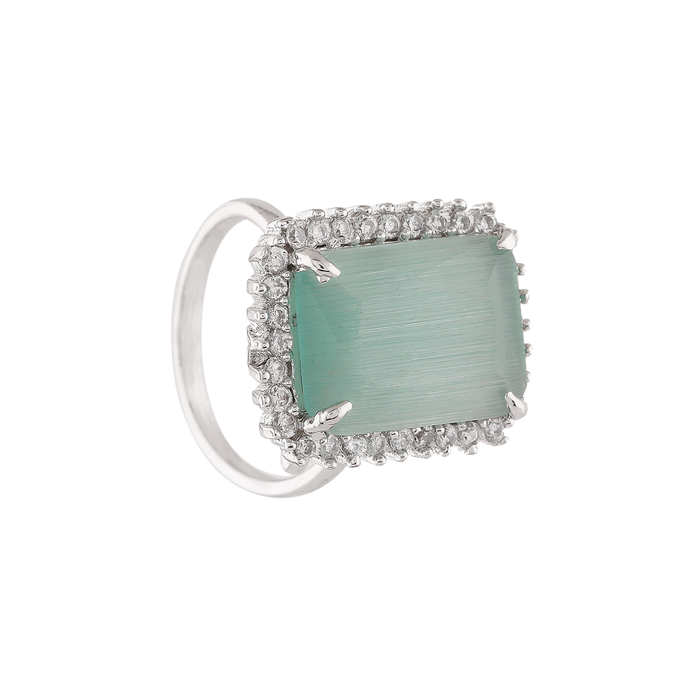 Estele Rhodium Plated CZ Adjustable Glorious Mint Green Finger Ring for Women