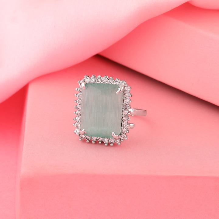 Estele Rhodium Plated CZ Adjustable Glorious Mint Green Finger Ring for Women