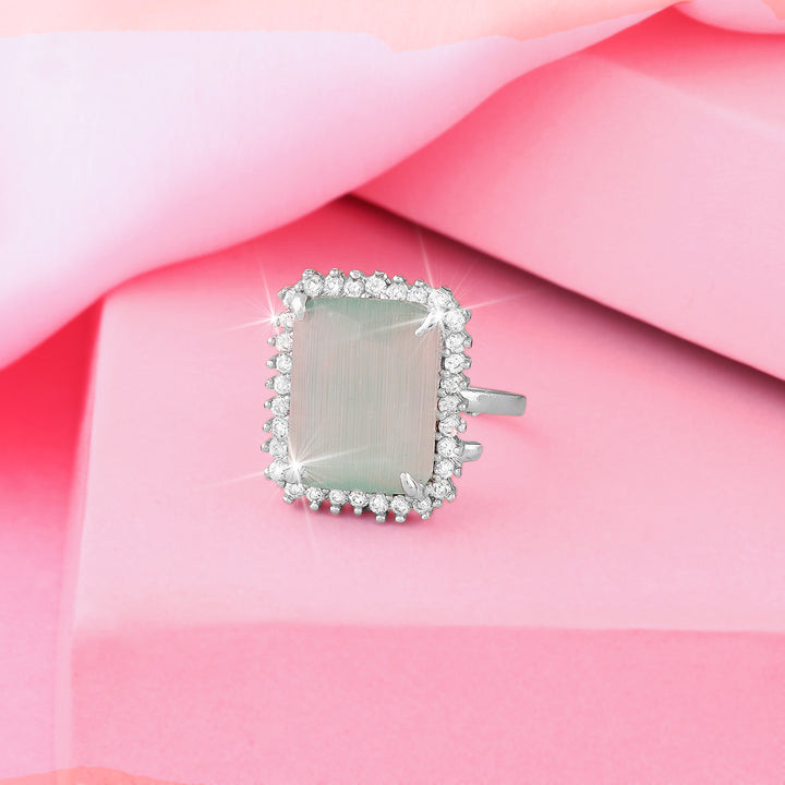 Estele Rhodium Plated CZ Adjustable Glorious Mint Green Finger Ring for Women