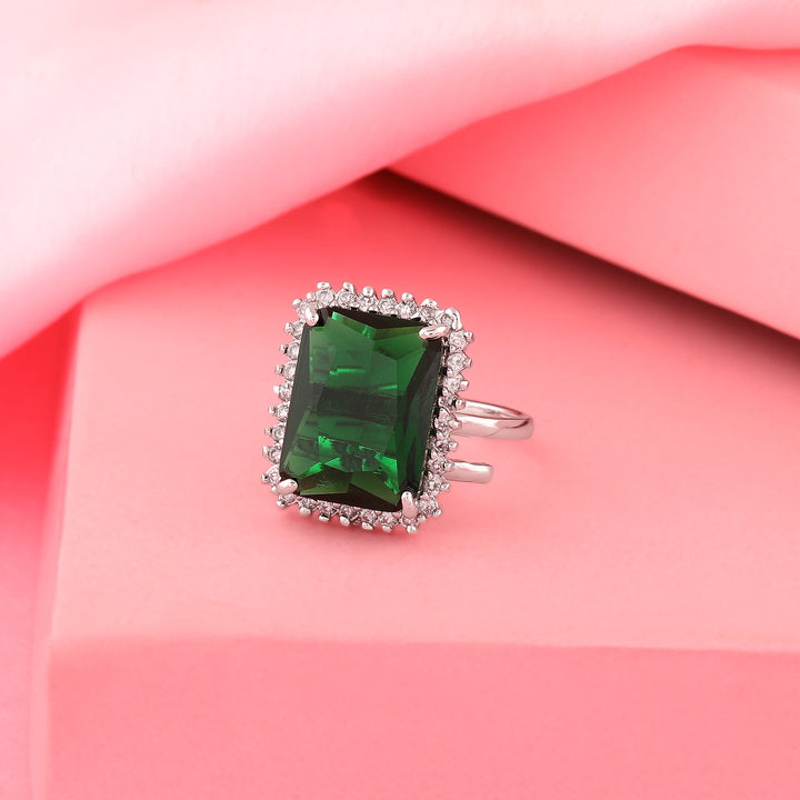 Estele Rhodium Plated CZ Radiant Adjustable Emerald/ Green Finger Ring for Women