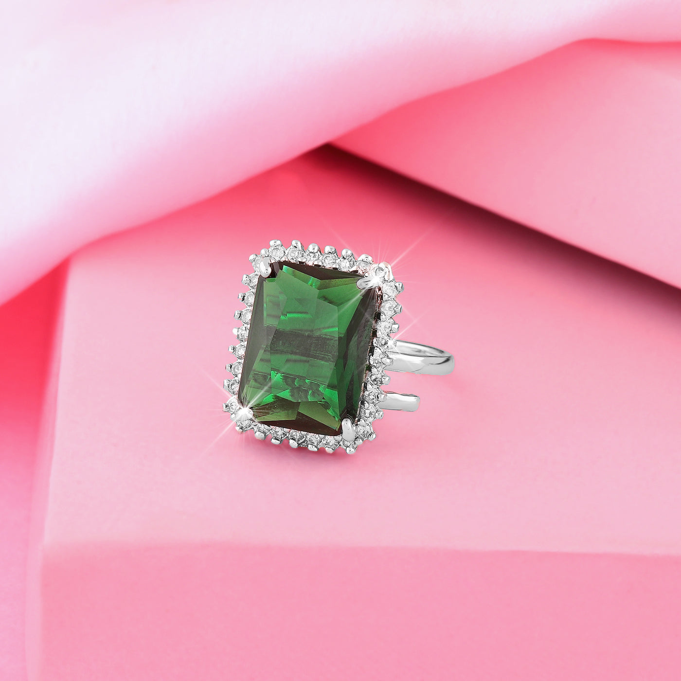 Estele Rhodium Plated CZ Adjustable Emerald/ Green Finger Ring for Women