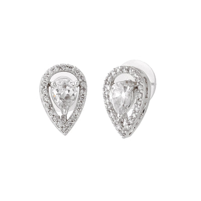 Estele Rhodium Plated CZ Drop Shaped Stud Earrings for Women