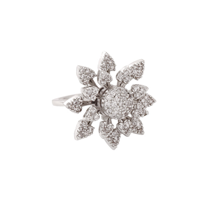 Estele Rhodium Plated CZ Adjustable Glorious Floral Shaped Finger Ring for Women