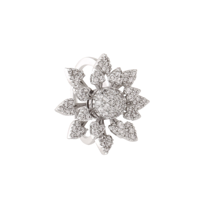 Estele Rhodium Plated CZ Adjustable Glorious Floral Shaped Finger Ring for Women