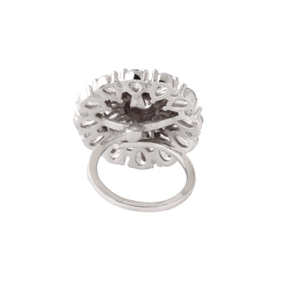 Estele Rhodium Plated CZ Adjustable Flower Shaped Finger Ring for Women