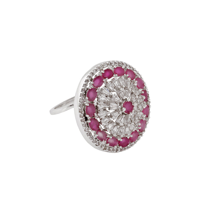 Estele Rhodium Plated CZ Adjustable Magnificent Ruby Finger Ring for Women