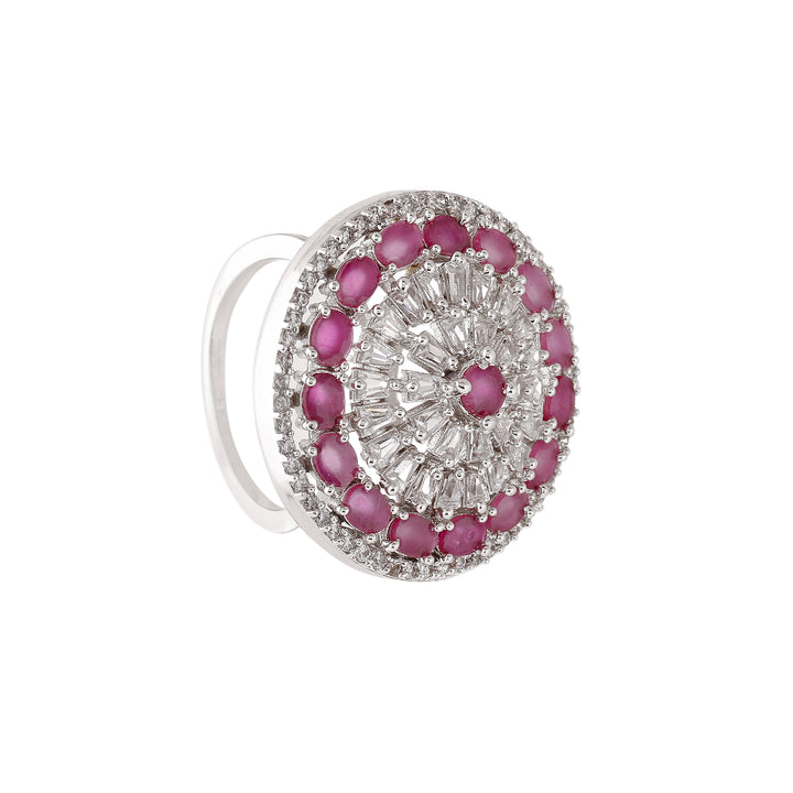 Estele Rhodium Plated CZ Adjustable Magnificent Ruby Finger Ring for Women