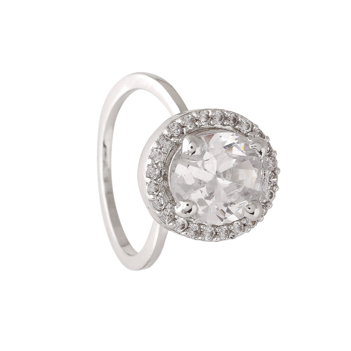 Estele Rhodium Plated CZ Adjustable Round Halo Solitaire Finger Ring for Women