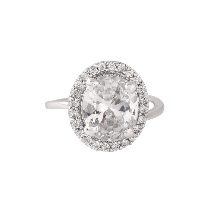 Estele Rhodium Plated CZ Adjustable Round Halo Solitaire Finger Ring for Women