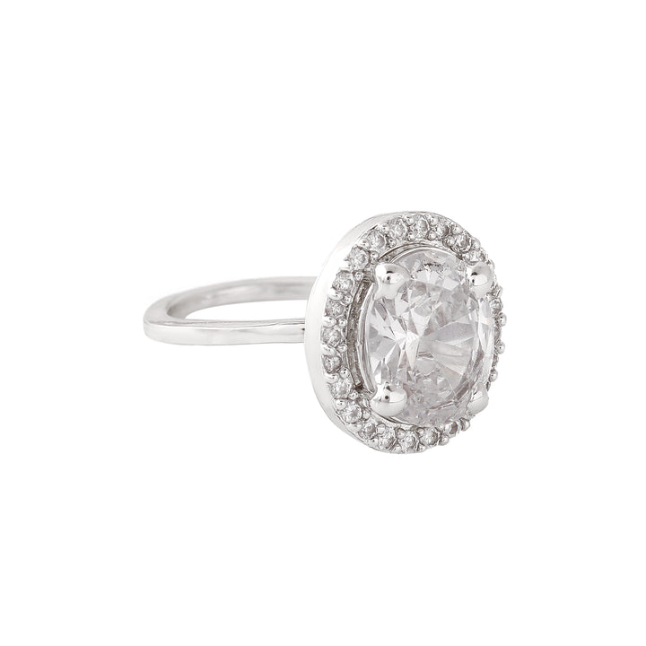 Estele Rhodium Plated CZ Adjustable Round Halo Solitaire Finger Ring for Women