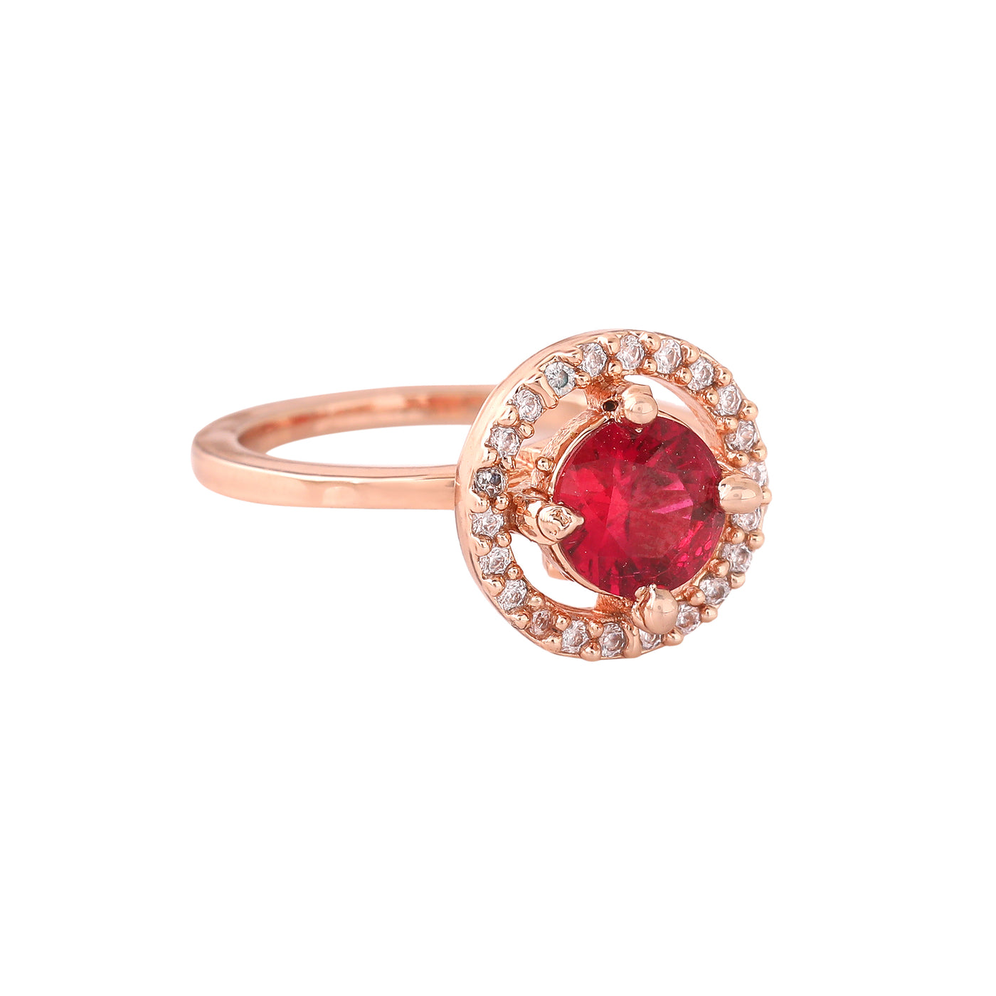 Estele Rose Gold Plated CZ Adjustable Circular Halo Solitaire Ruby Finger Ring for Women