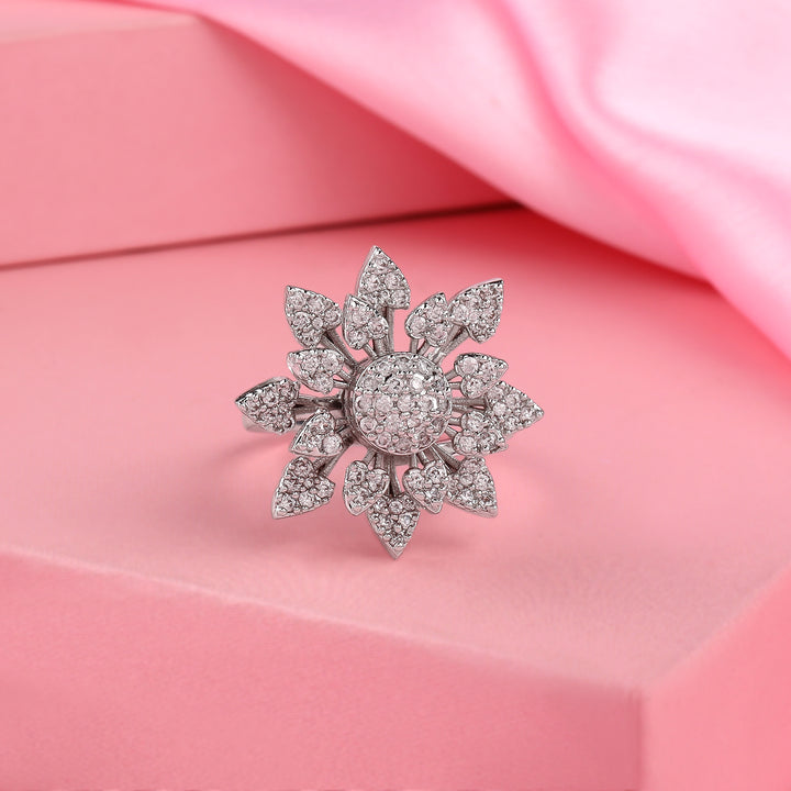 Estele Rhodium Plated CZ Adjustable Glorious Floral Shaped Finger Ring for Women