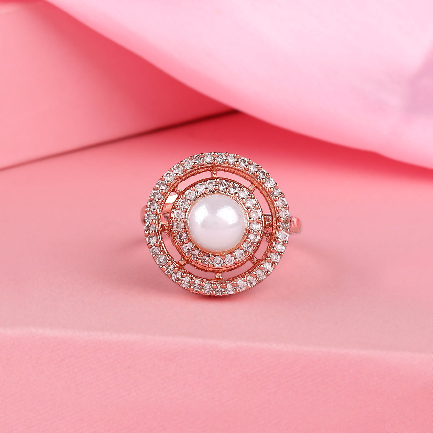 Estele Rose Gold Plated CZ Adjustable Circular Shaped Finger Ring for Women