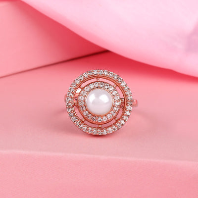 Estele Rose Gold Plated CZ Adjustable Circular Shaped Finger Ring for Women