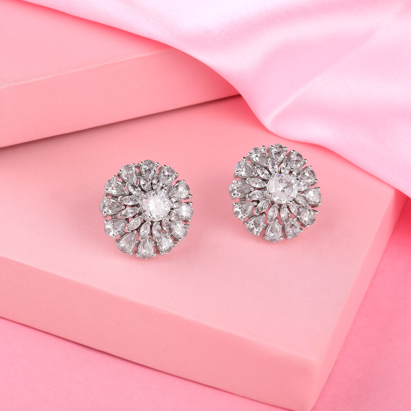 Estele Rhodium Plated CZ Sparkling Flower Designer Stud Earrings for Women