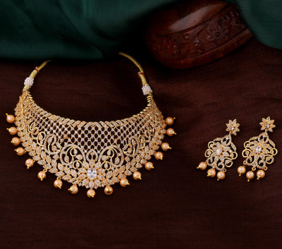 Estele Gold Plated CZ Fascinating Bridal Choker Necklace Set with Crystals & Pearl for Women
