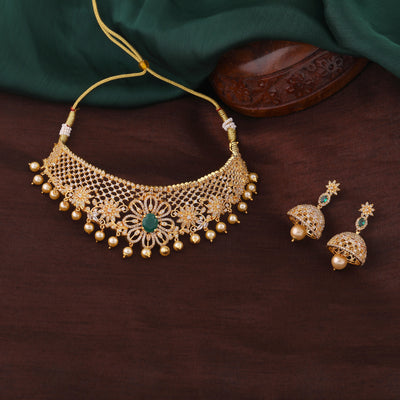 Estele Gold Plated CZ Flower Designer Bridal Choker Necklace set with Pearl & Color Stones for Women
