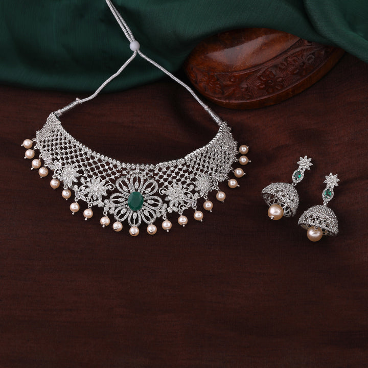 Estele Rhodium Plated CZ Floral Designer Bridal Choker Necklace set with Pearl & Color Stones for Women