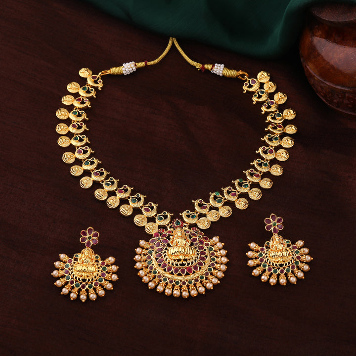 Estele Gold Plated CZ Traditional Laxmi Ji Designer Necklace Set with Pearls for Women