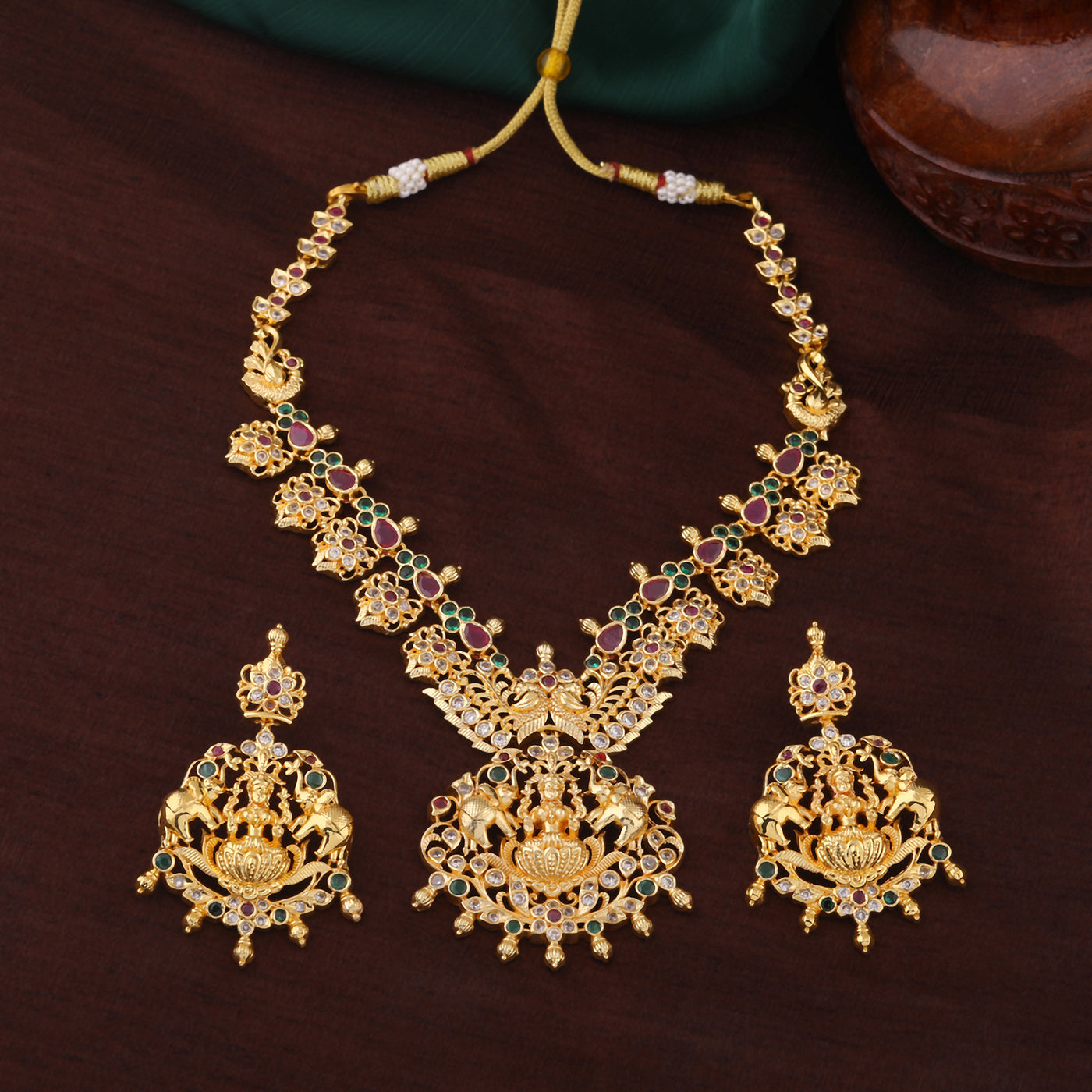 Estele Gold Plated CZ Lakshmi Devi Embellished with Elephant Designer Necklace Set for Women