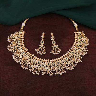 Estele Gold Plated CZ Fascinating Necklace Set with Pearls for Women