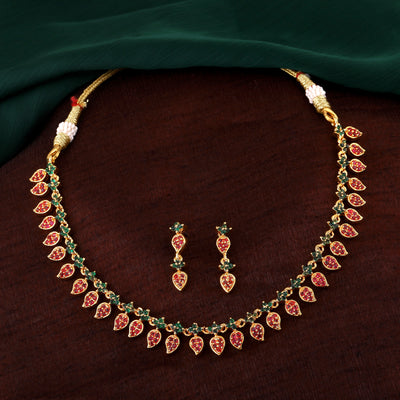 Estele Gold Plated CZ Exquisite Leaf Designer Necklace Set for Women